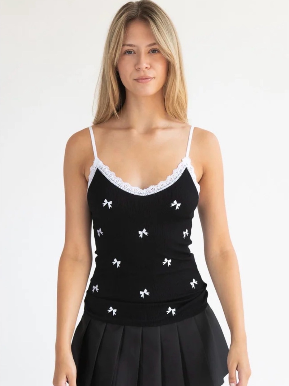 PINK Dot Black Ribbed Cami with White Lace and embroidered bows XL